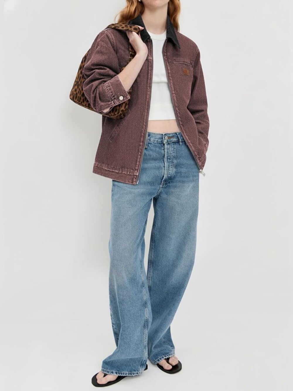 Women's Brown Black Jean Cropped Zip Up Denim Jackets Contrast Collar and Pocket - Picture 7 of 7